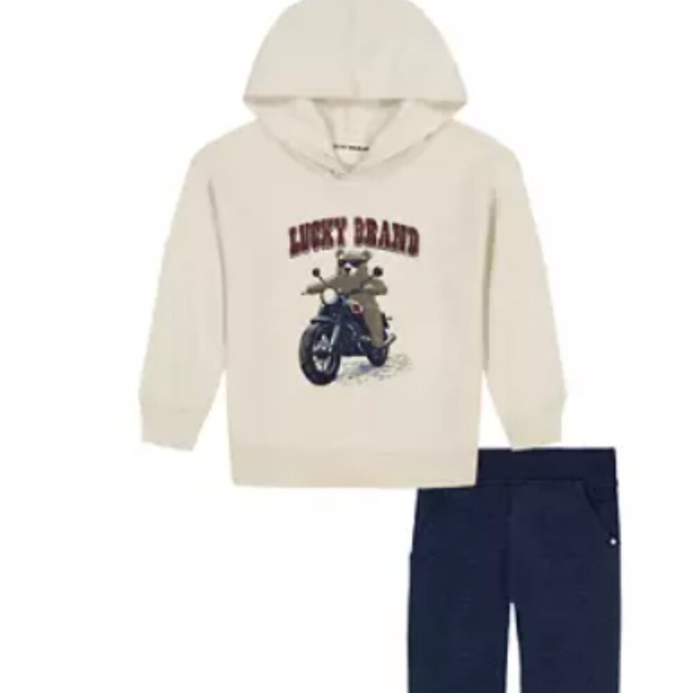 NWT LUCKY BRAND Boys 2pc Knit Hoodie and Joggers Set Bear Motorcycle Print Front